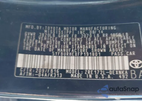 2015 Toyota Corolla Le Plus из США, поврежденный, VIN 5YFBURHEXFP191801